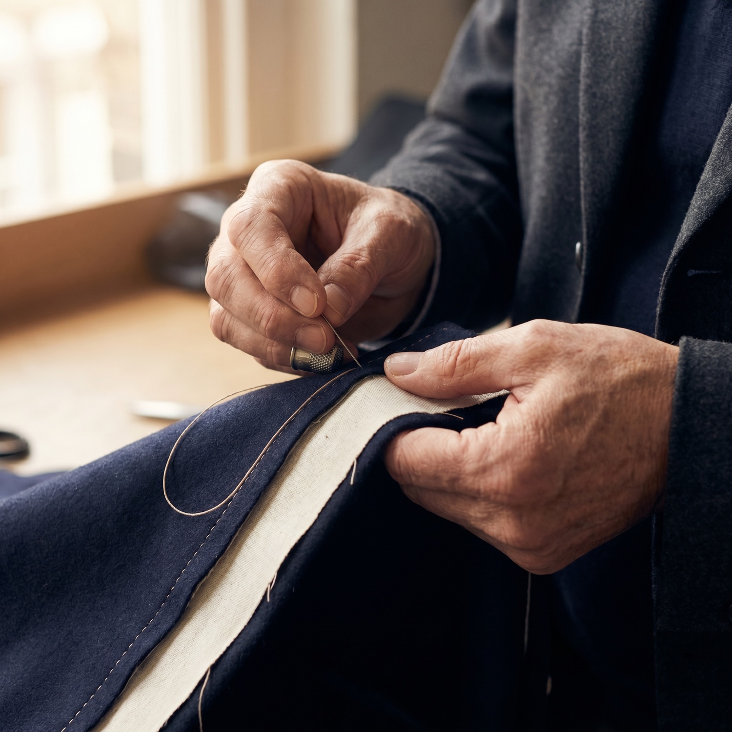 A master tailor hand-stitching the floating canvas inside a navy wool suit jacket