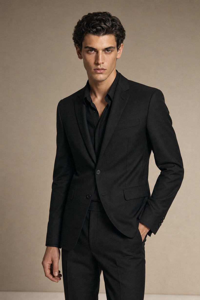 All-Black Slim Wool Suit — front styling
