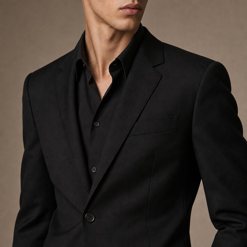 All-Black Slim Wool Suit — lapel and collar detail