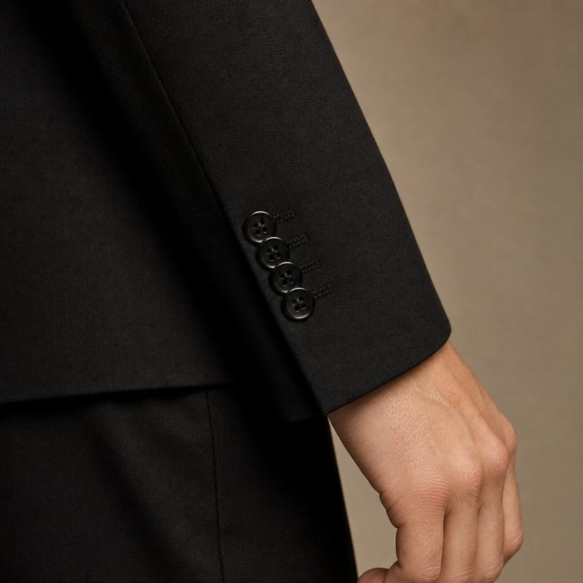 All-Black Slim Wool Suit — fabric close-up