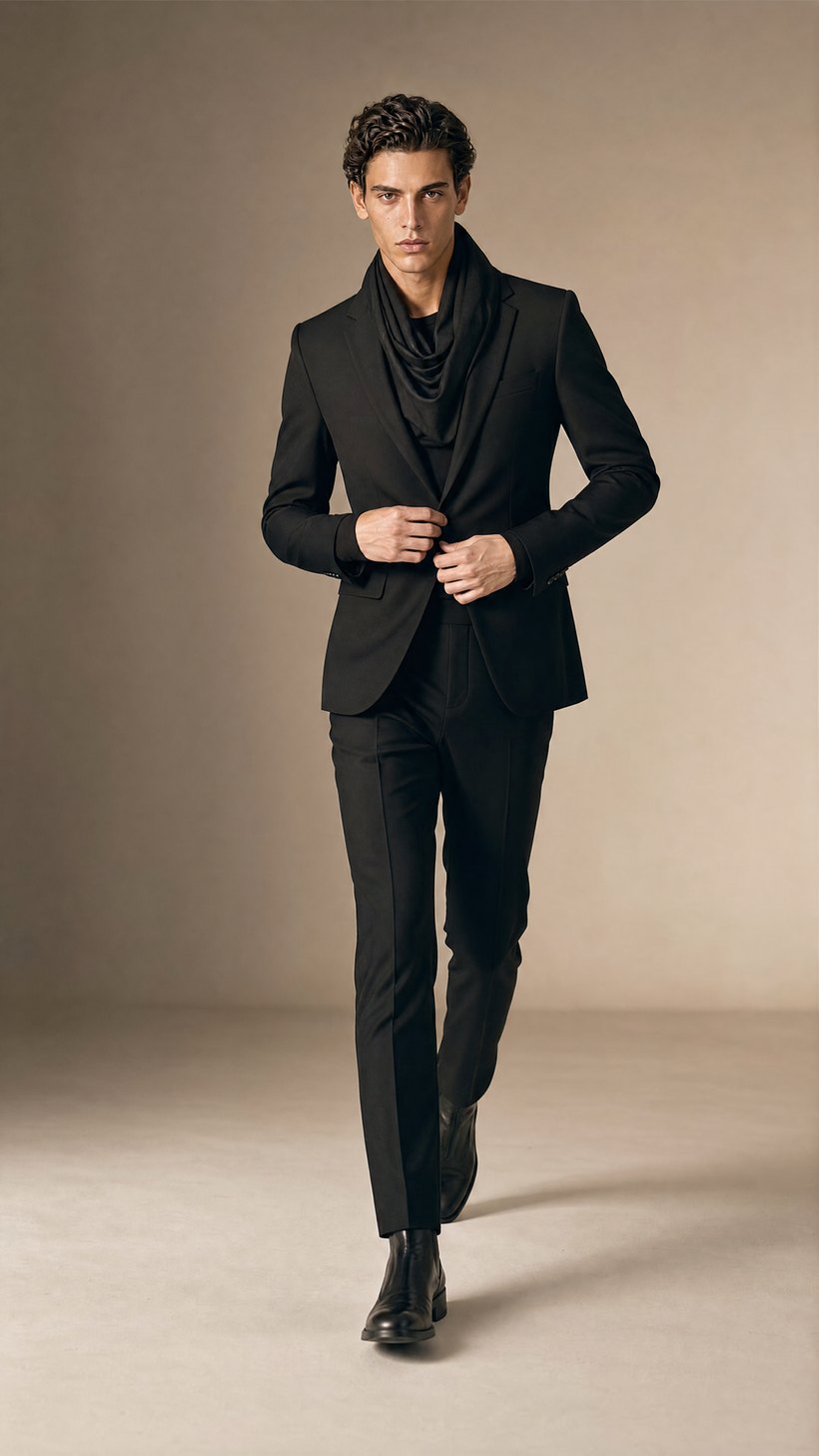All-Black Slim Wool Suit — construction detail