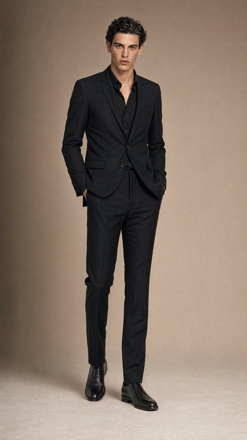 All-Black Slim Wool Suit — Biella wool, fine close weave