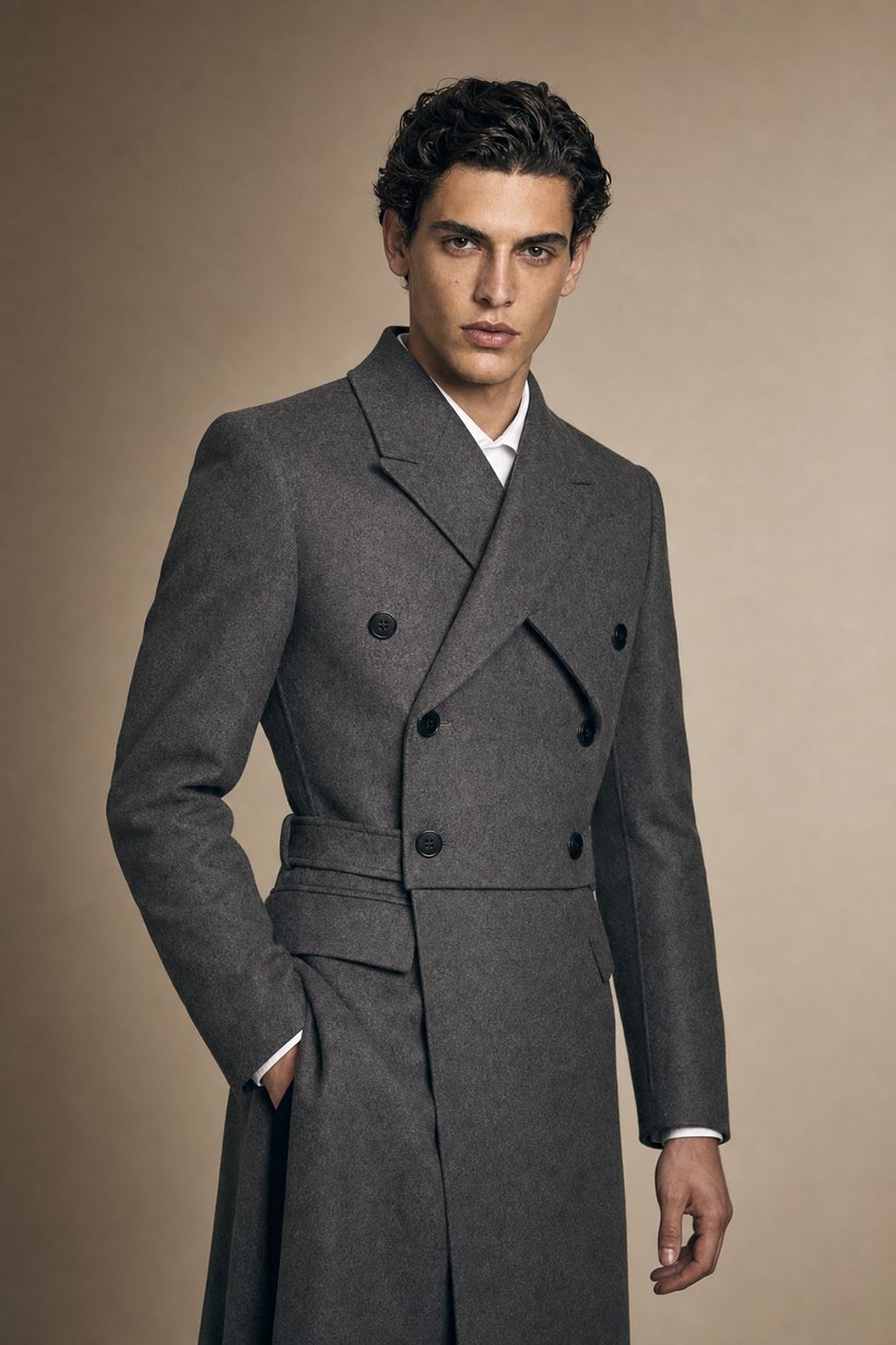 Belted Slate Grey Double-Breasted Overcoat — front styling