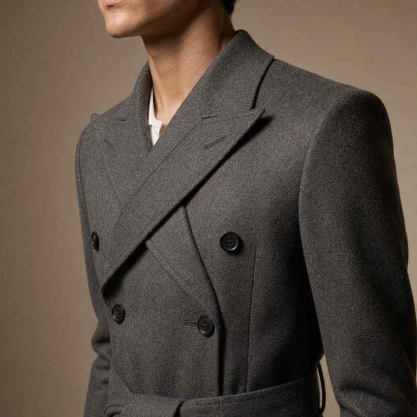 Belted Slate Grey Double-Breasted Overcoat — lapel and collar detail