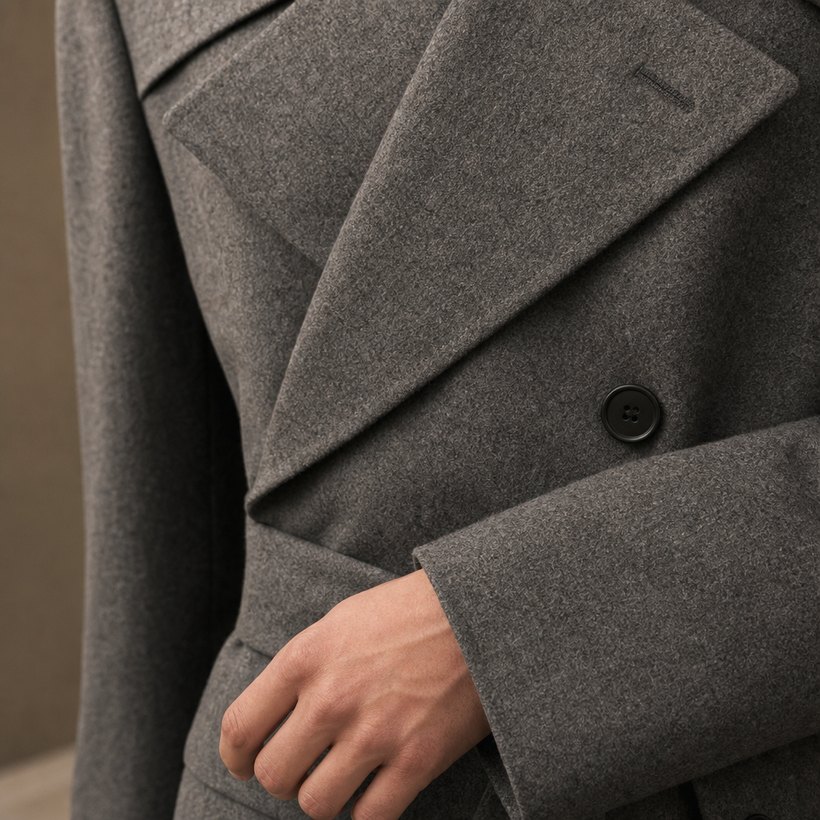 Belted Slate Grey Double-Breasted Overcoat — fabric close-up