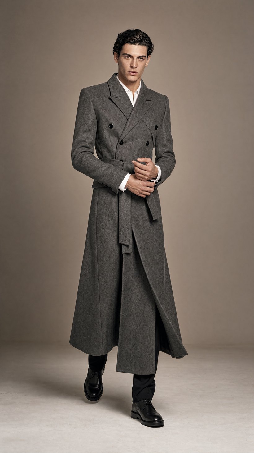 Belted Slate Grey Double-Breasted Overcoat — construction detail