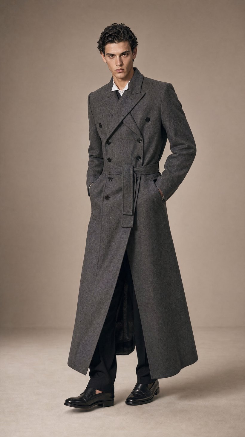 Belted Slate Grey Double-Breasted Overcoat — Biella valley wool suiting