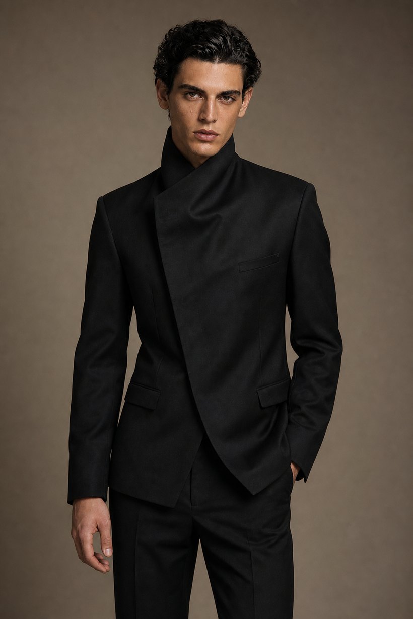 Black Asymmetric-Wrap Structured Blazer — front styling