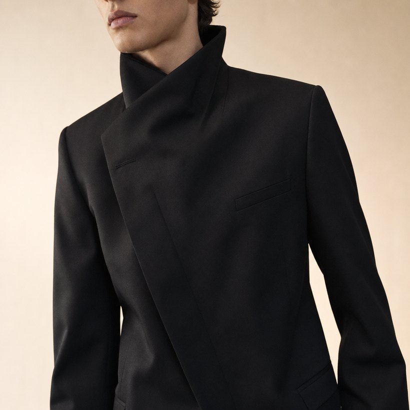 Black Asymmetric-Wrap Structured Blazer — lapel and collar detail