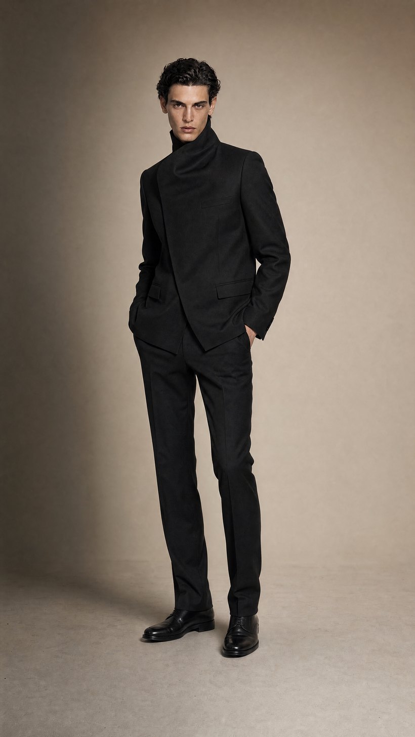 Black Asymmetric-Wrap Structured Blazer — European Wool