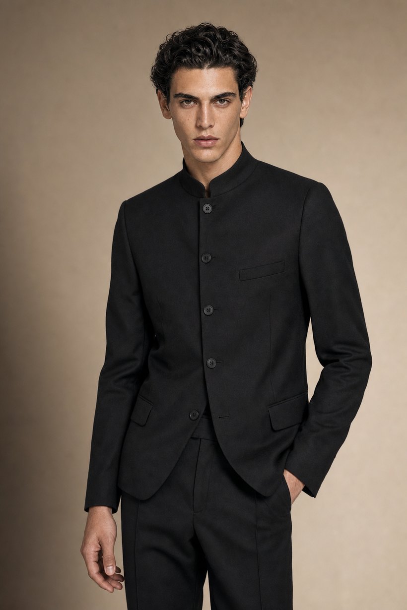 Black Collarless Four-Button Slim Suit — front styling