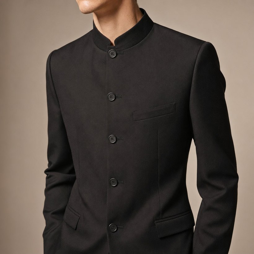 Black Collarless Four-Button Slim Suit — lapel and collar detail