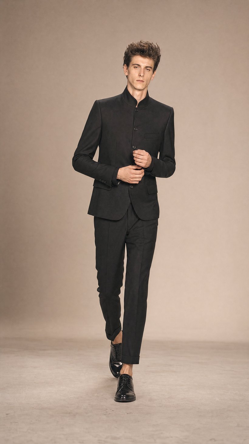 Black Collarless Four-Button Slim Suit — construction detail