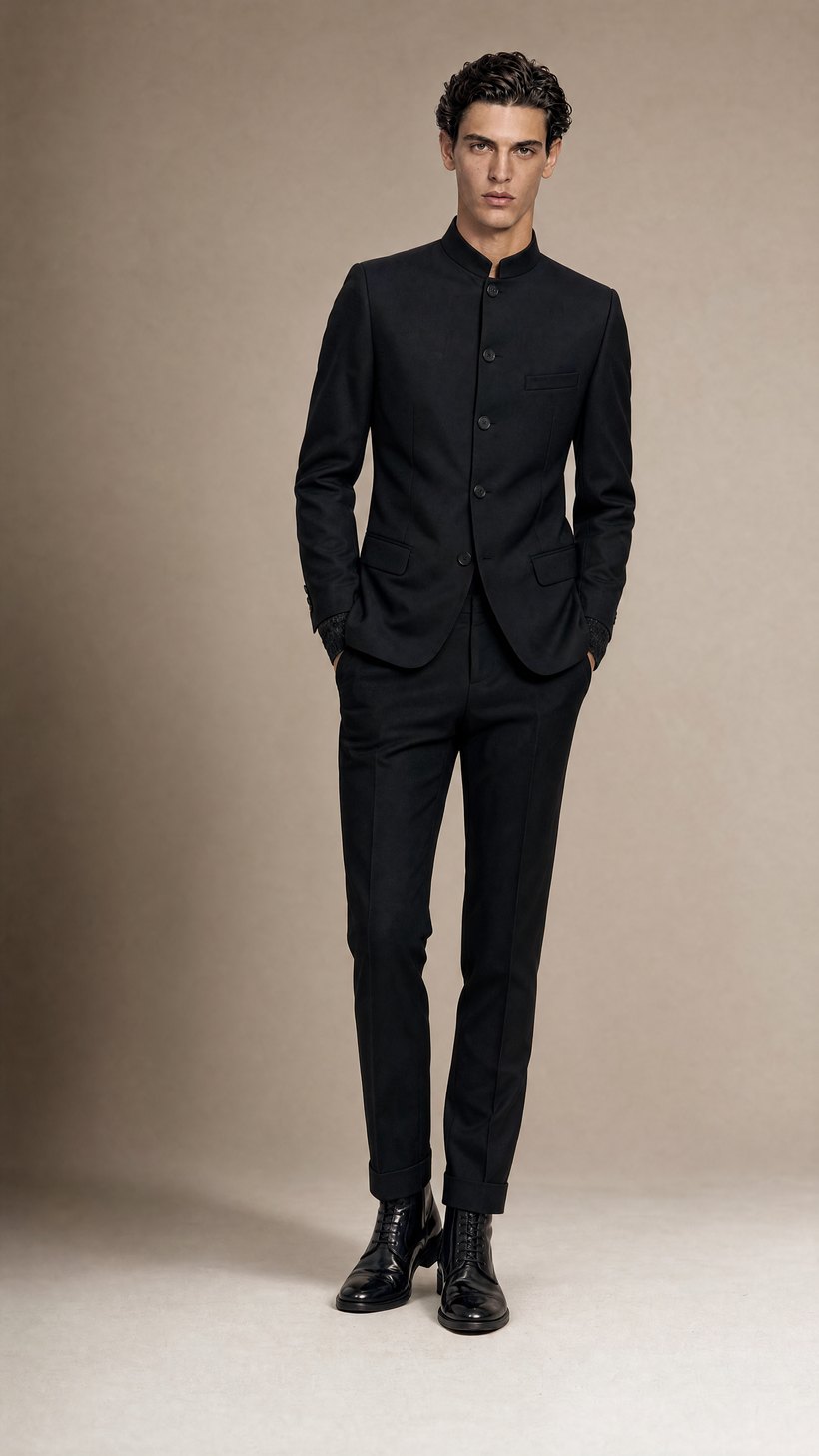 Black Collarless Four-Button Slim Suit — solid black wool
