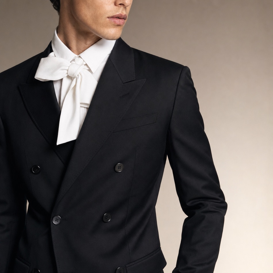 Black Double-Breasted Peak-Lapel Suit — lapel and collar detail