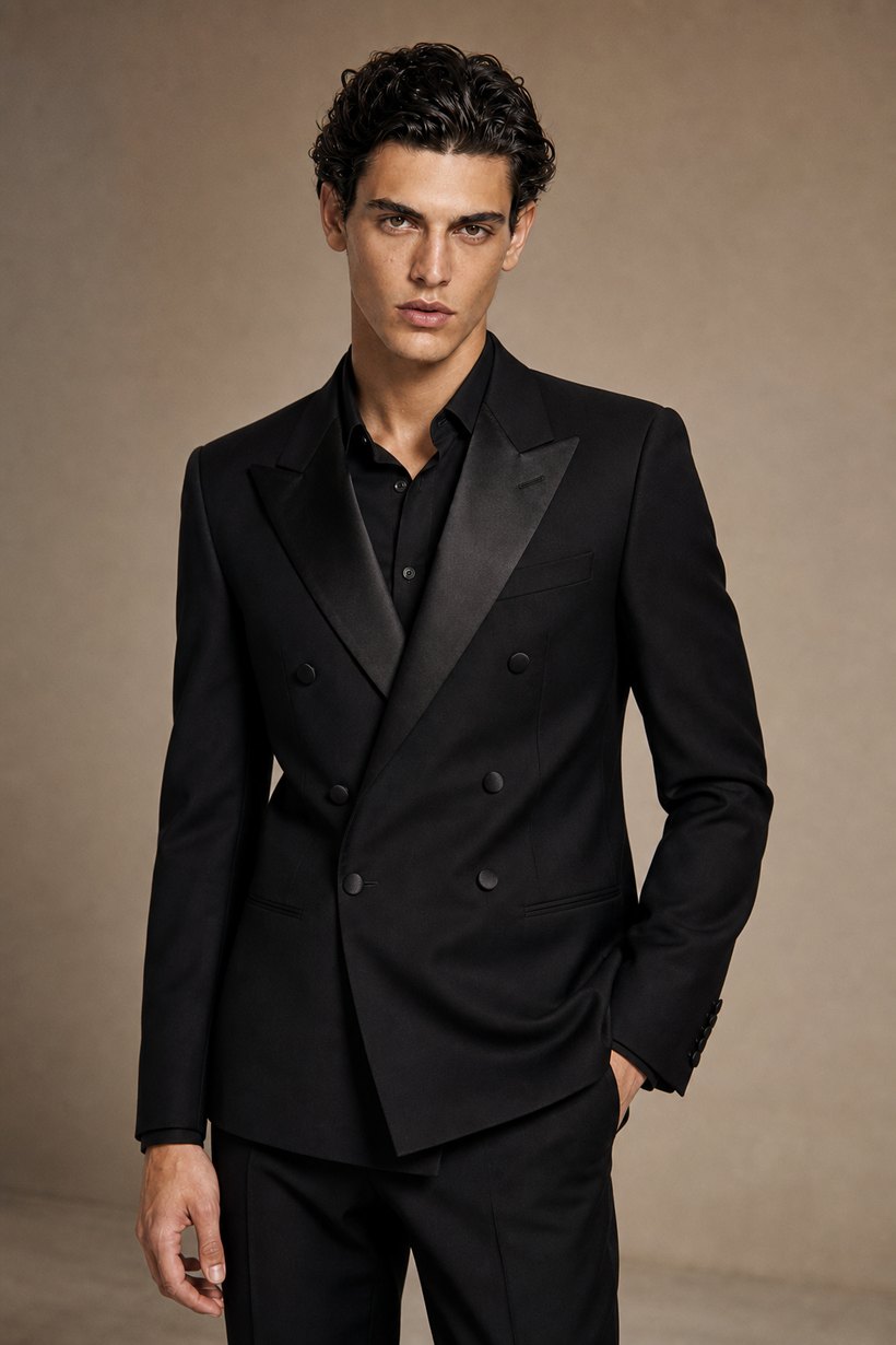 Black Double-Breasted Tuxedo Blazer with Satin Peak Lapels — front styling