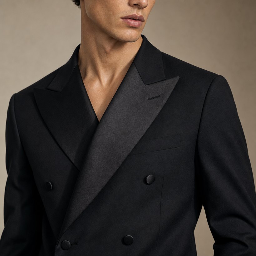 Black Double-Breasted Tuxedo Blazer with Satin Peak Lapels — lapel and collar detail