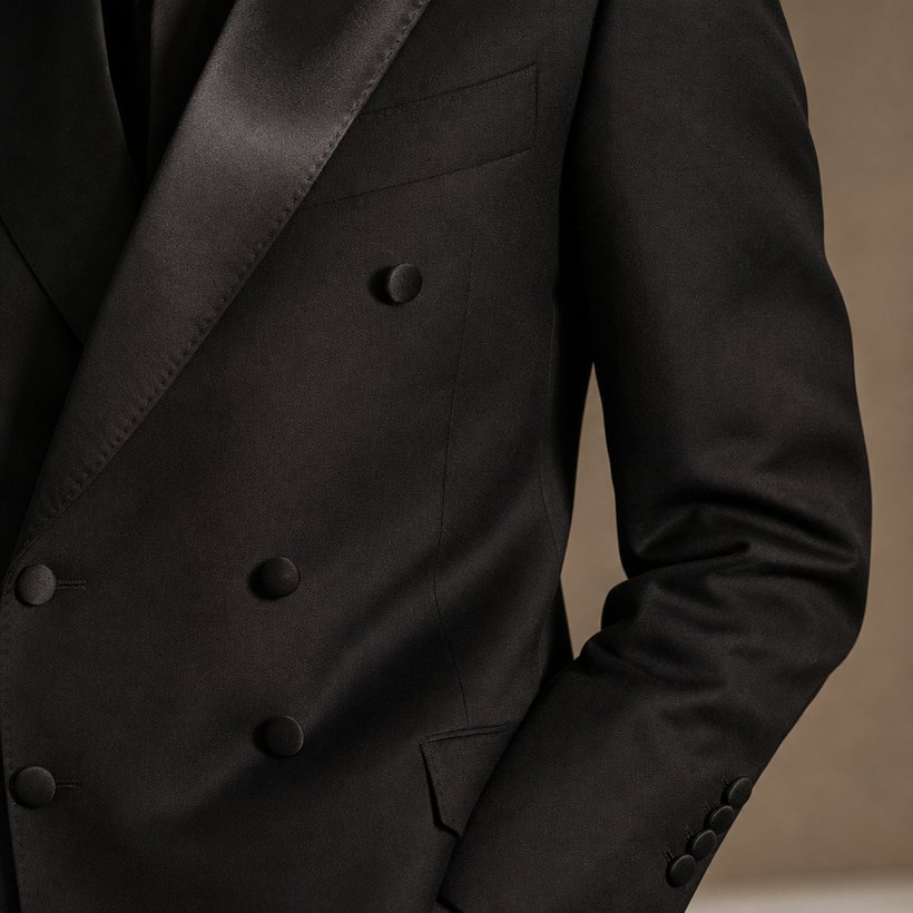 Black Double-Breasted Tuxedo Blazer with Satin Peak Lapels — fabric close-up
