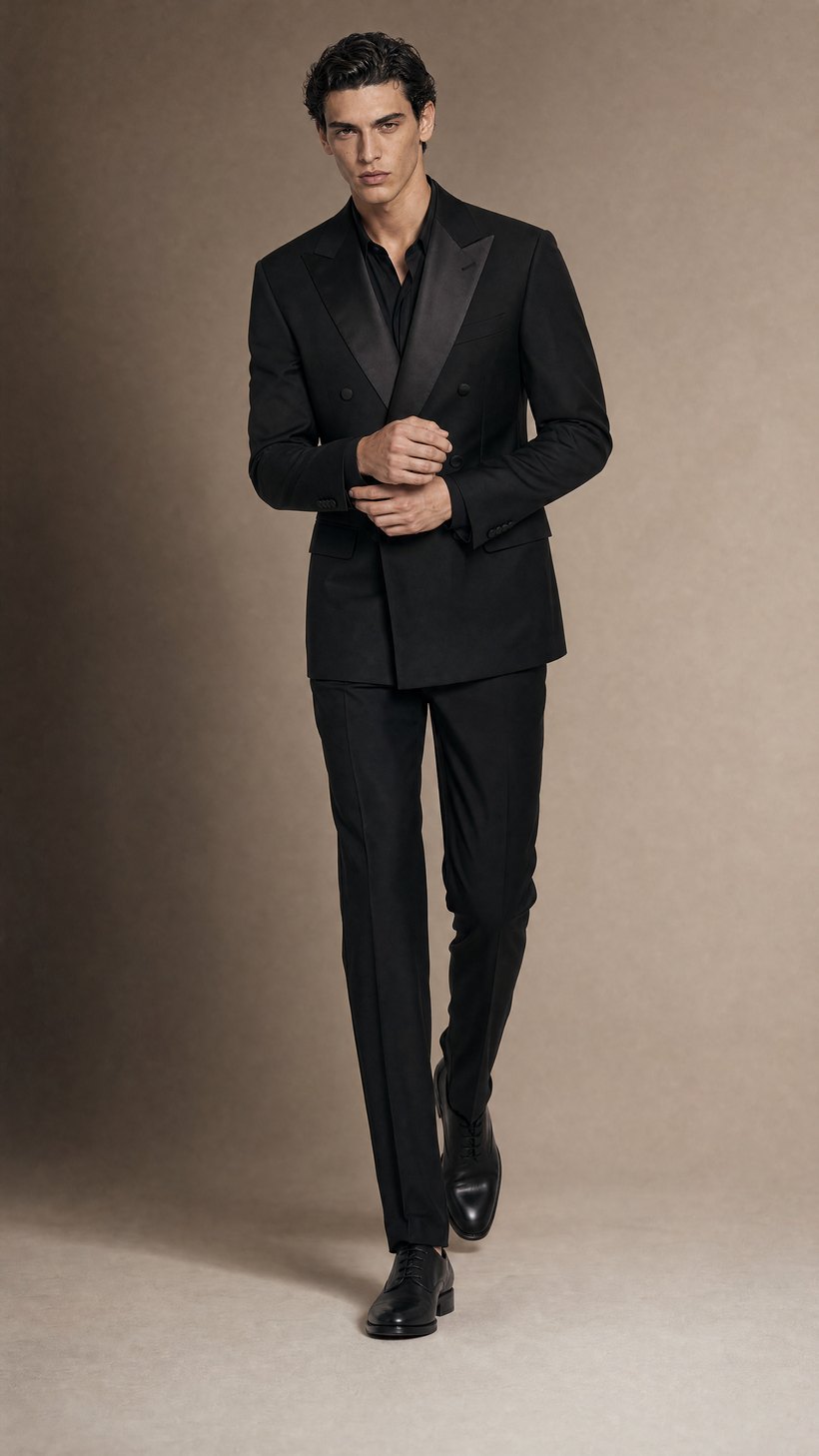 Black Double-Breasted Tuxedo Blazer with Satin Peak Lapels — construction detail
