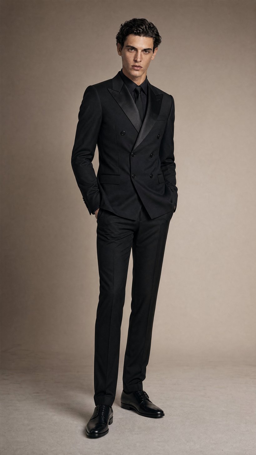 Black Double-Breasted Tuxedo Blazer with Satin Peak Lapels — Fine Biella wool with satin facing
