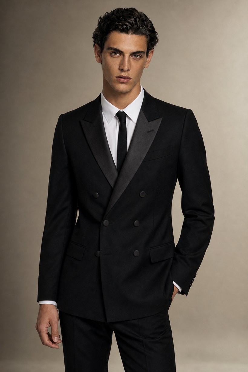 Black Double-Breasted Tuxedo with Satin Peak Lapels — front styling