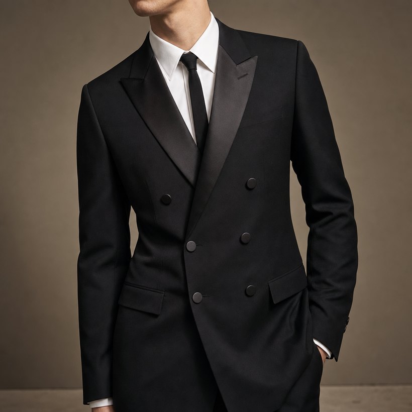 Black Double-Breasted Tuxedo with Satin Peak Lapels — lapel and collar detail
