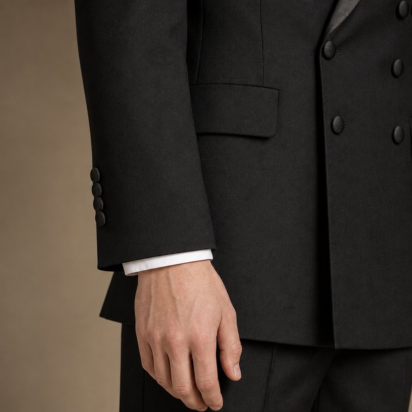 Black Double-Breasted Tuxedo with Satin Peak Lapels — fabric close-up