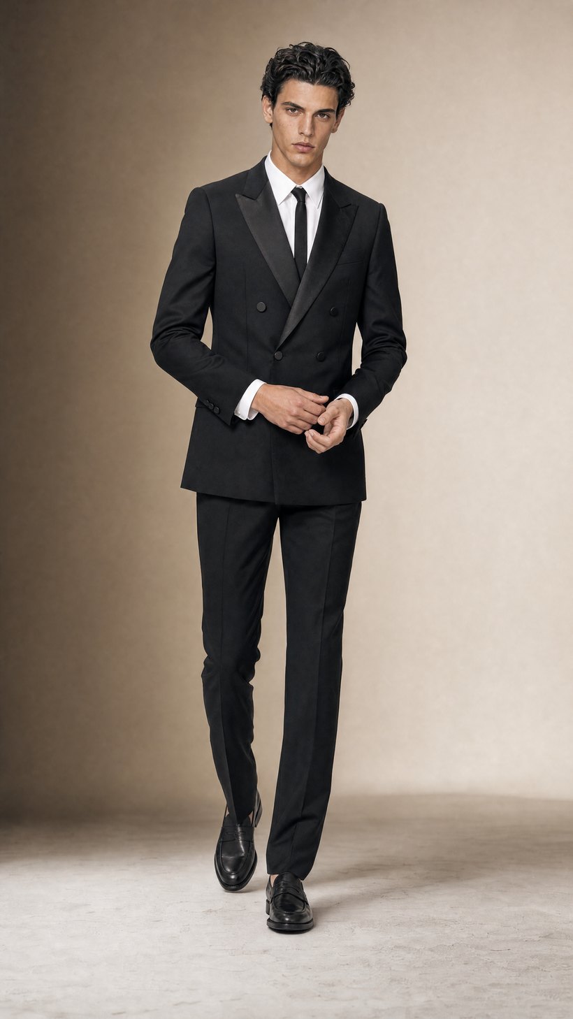 Black Double-Breasted Tuxedo with Satin Peak Lapels — construction detail