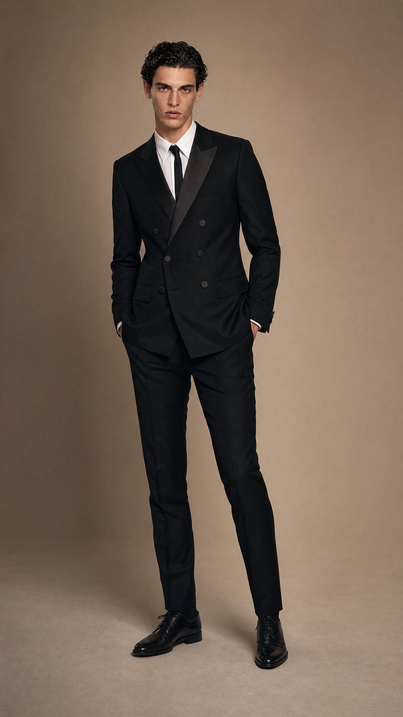 Black Double-Breasted Tuxedo with Satin Peak Lapels — European Wool & Satin