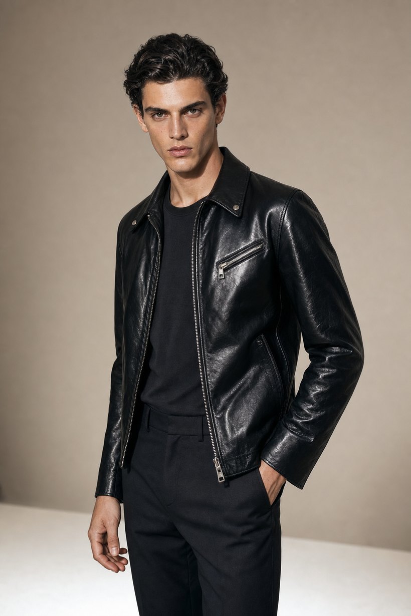 Black Leather Zip-Front Biker Jacket — front styling