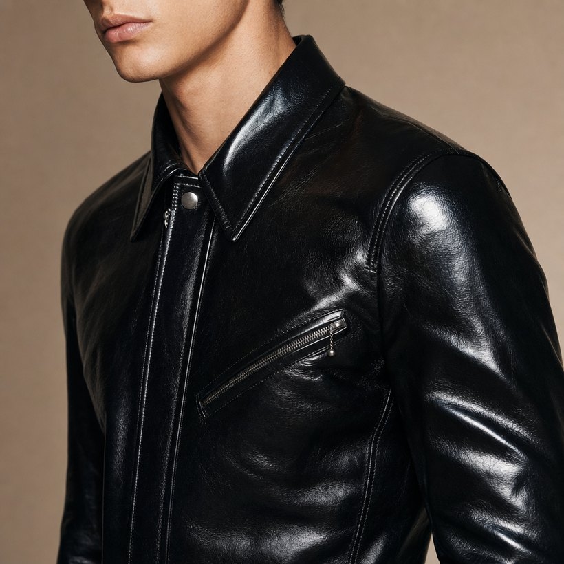 Black Leather Zip-Front Biker Jacket — lapel and collar detail