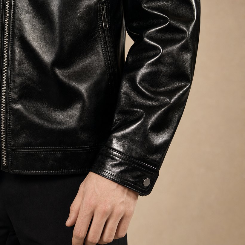 Black Leather Zip-Front Biker Jacket — fabric close-up