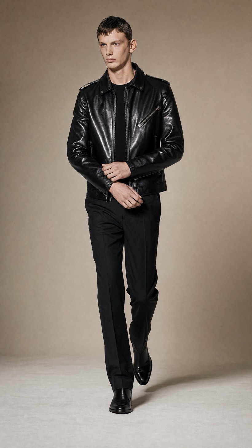 Black Leather Zip-Front Biker Jacket — construction detail
