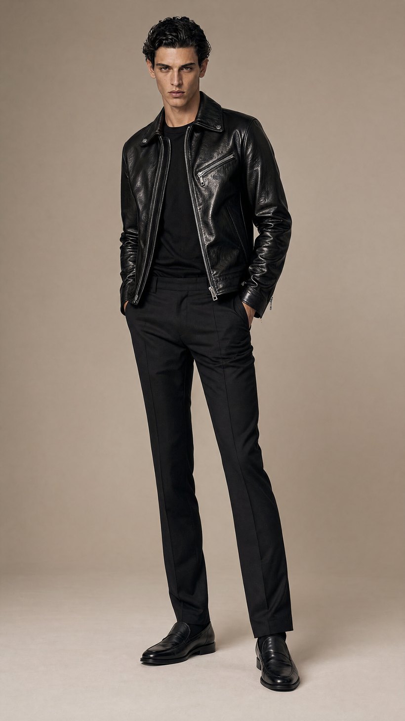 Black Leather Zip-Front Biker Jacket — Leather
