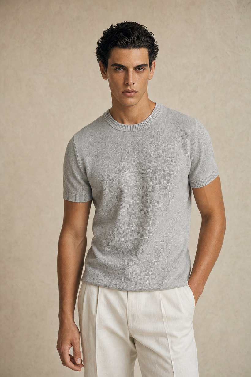 Black Linen-Lyocell T-Shirt — lapel and collar detail
