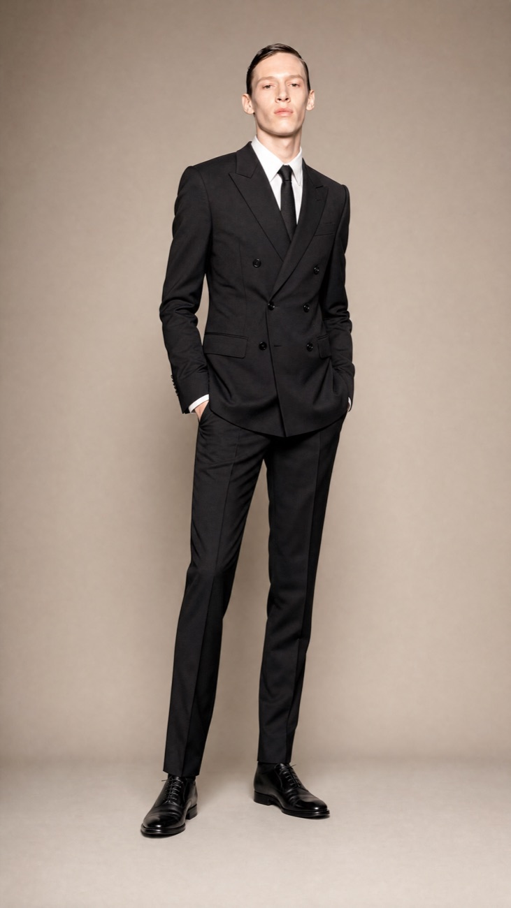 Black Peak-Lapel Wool Suit — European Worsted Wool