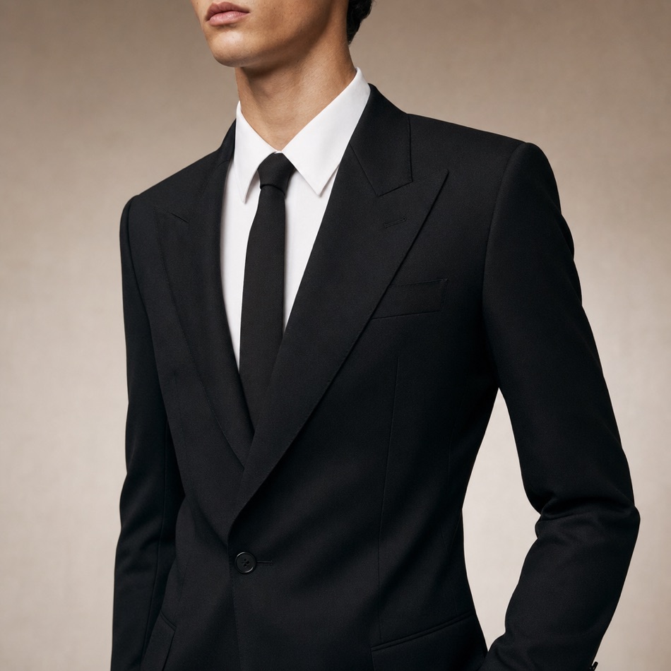 Black Peak-Lapel Wool Suit — lapel and collar detail