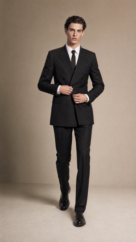 Black Peak-Lapel Wool Suit — construction detail