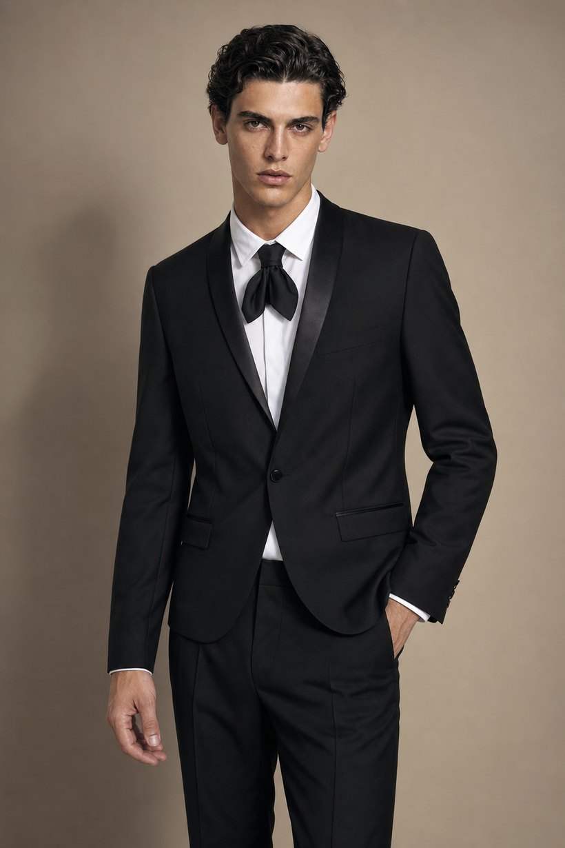 Black Single-Breasted Shawl-Lapel Tuxedo Blazer — front styling