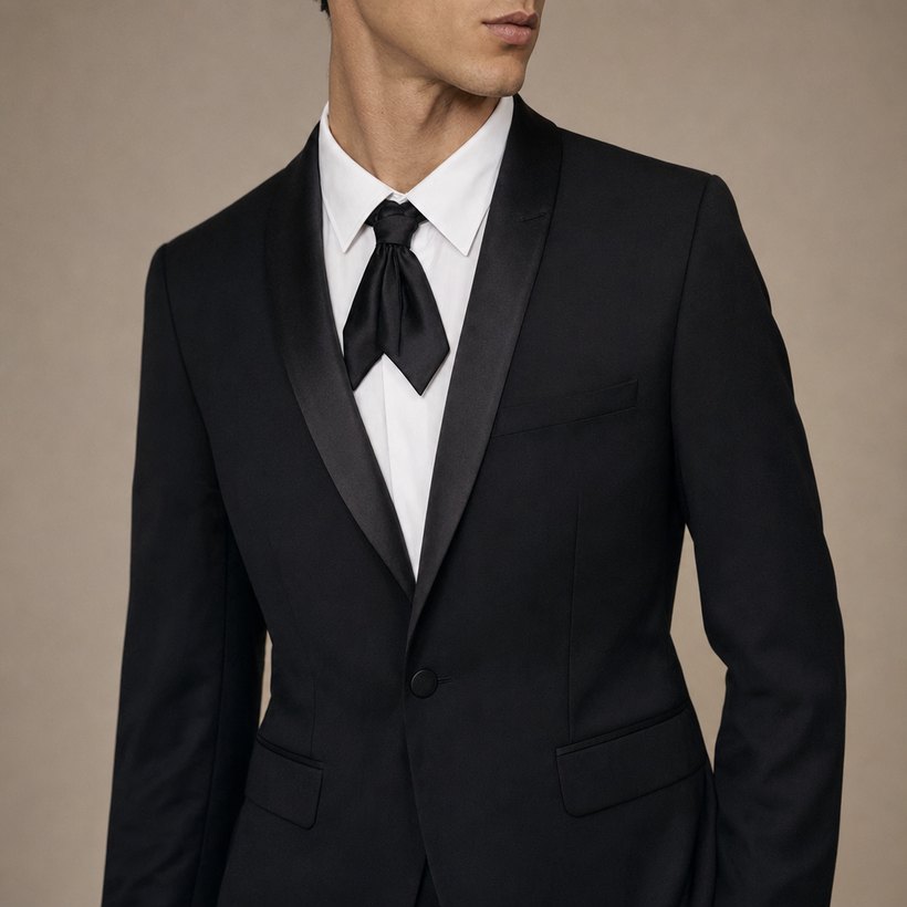 Black Single-Breasted Shawl-Lapel Tuxedo Blazer — lapel and collar detail