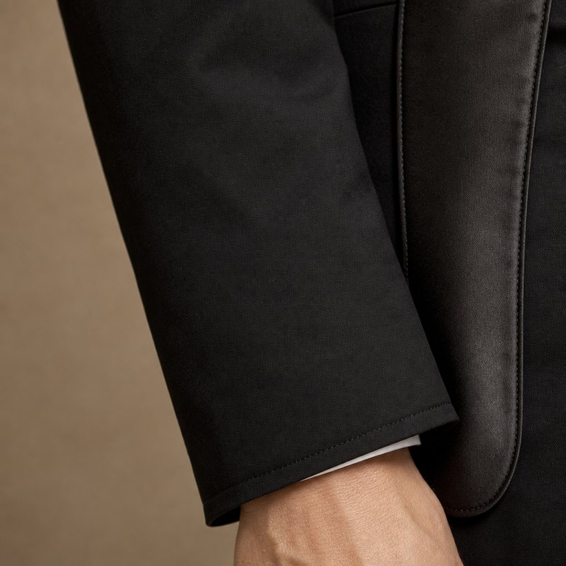 Black Single-Breasted Shawl-Lapel Tuxedo Blazer — fabric close-up