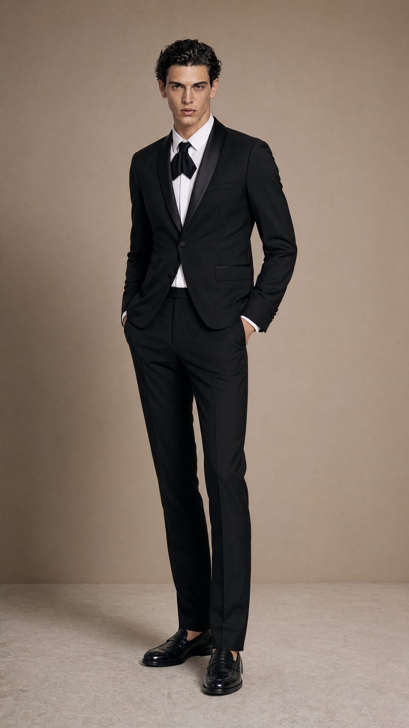 Black Single-Breasted Shawl-Lapel Tuxedo Blazer — Fine Biella wool with satin facing