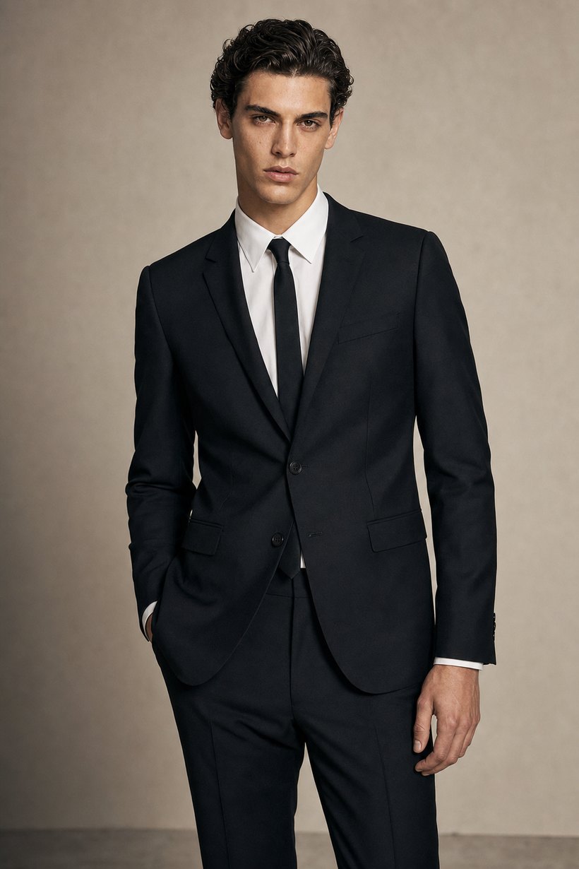 Black Slim Single-Breasted Evening Suit — front styling