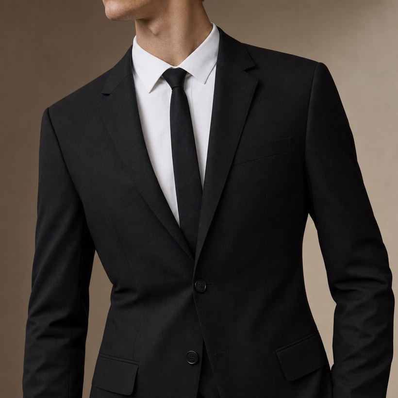 Black Slim Single-Breasted Evening Suit — lapel and collar detail
