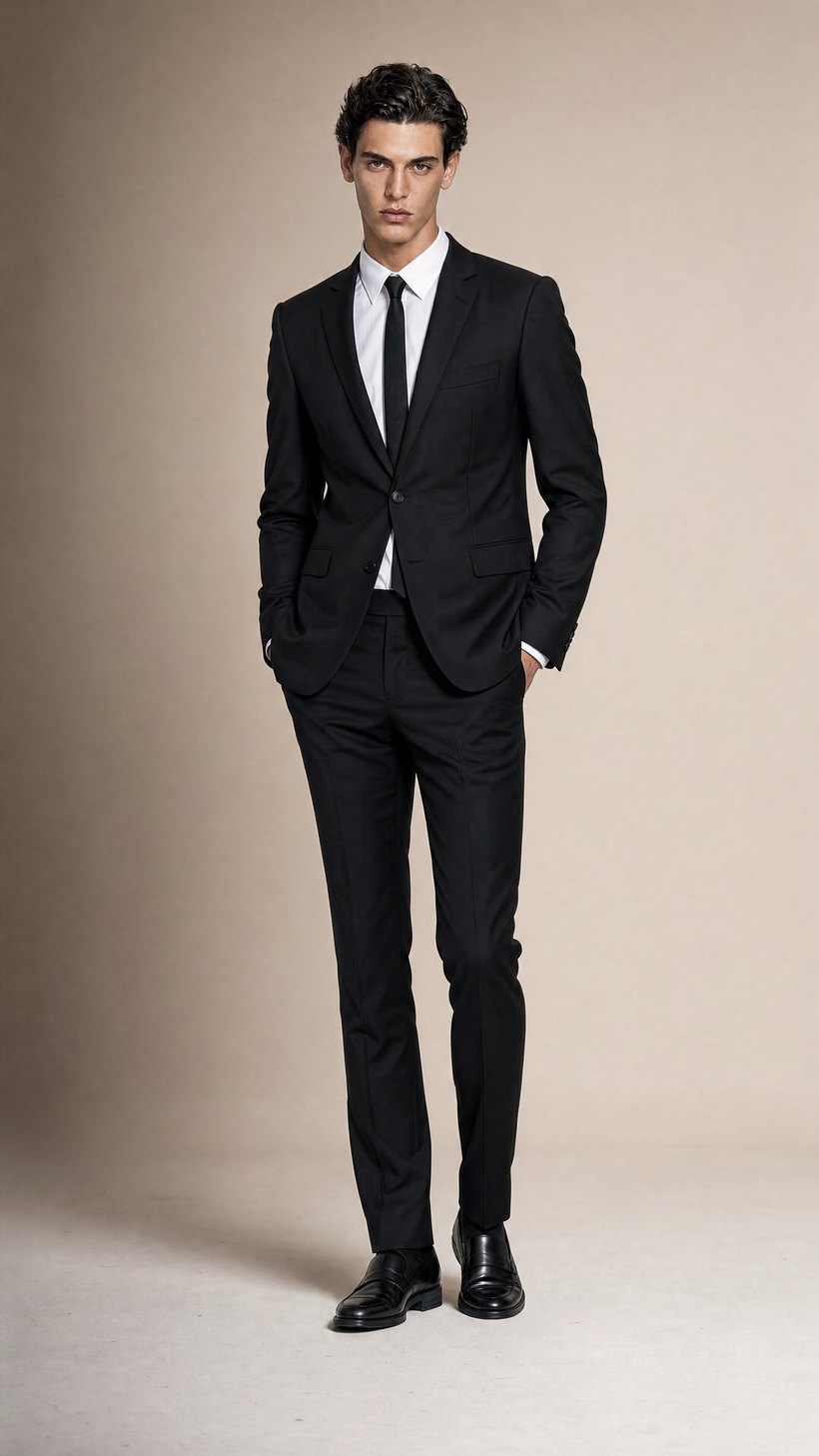 Black Slim Single-Breasted Evening Suit — Solid black wool