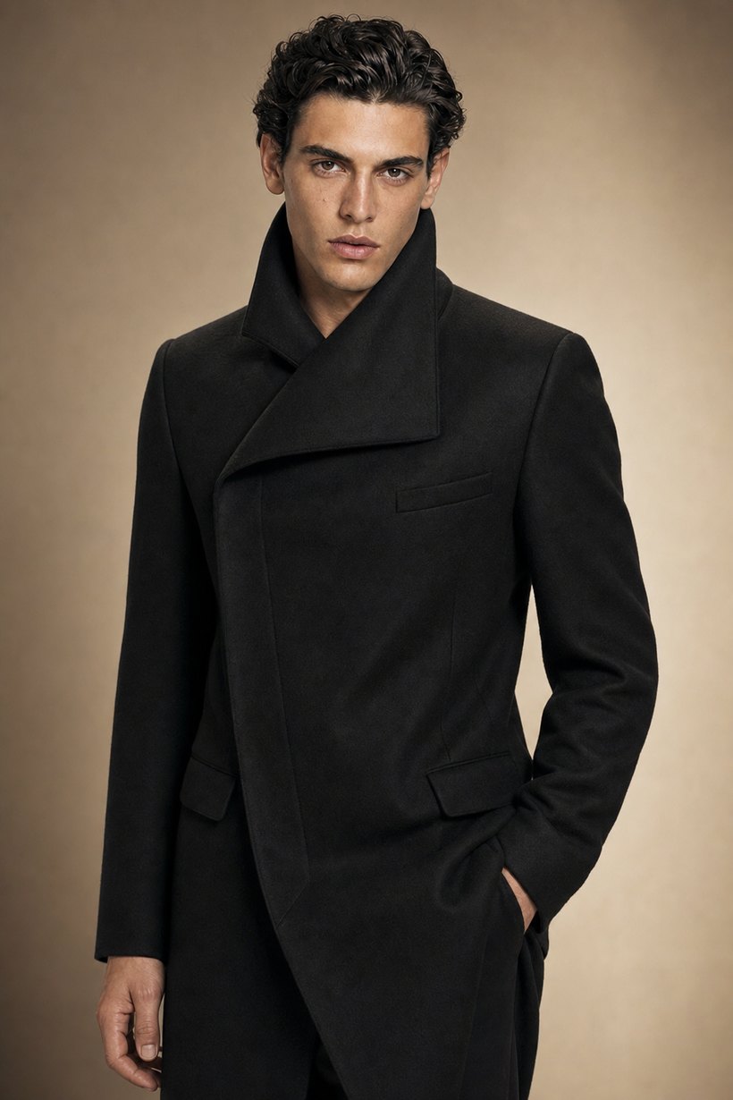 Black Slim Structured Wool Topcoat — front styling