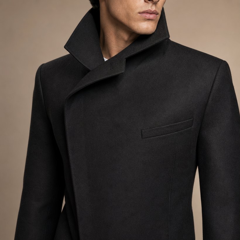 Black Slim Structured Wool Topcoat — lapel and collar detail