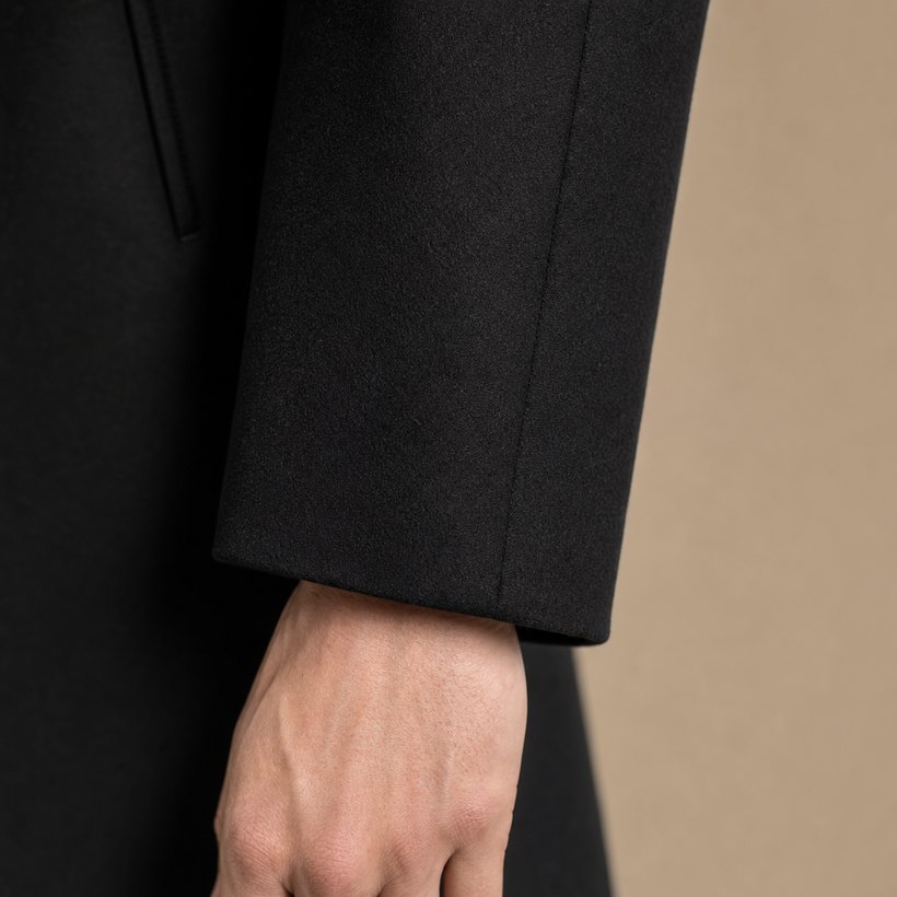 Black Slim Structured Wool Topcoat — fabric close-up