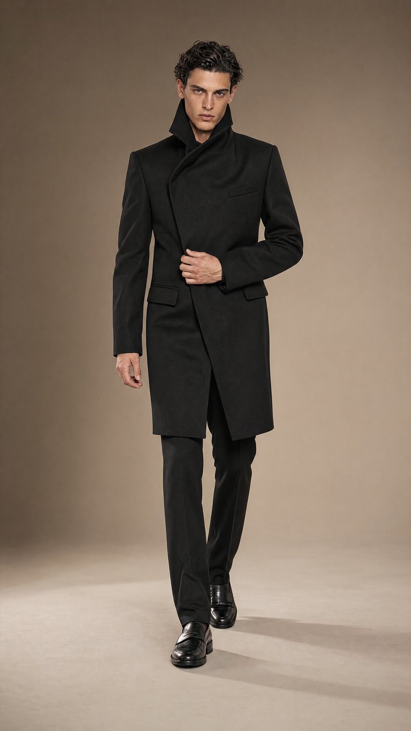 Black Slim Structured Wool Topcoat — construction detail