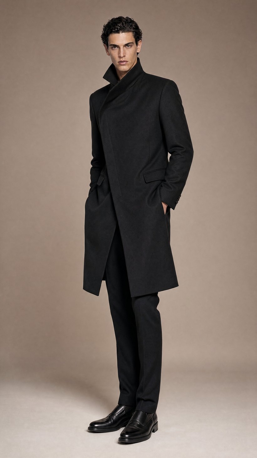Black Slim Structured Wool Topcoat — Biella wool
